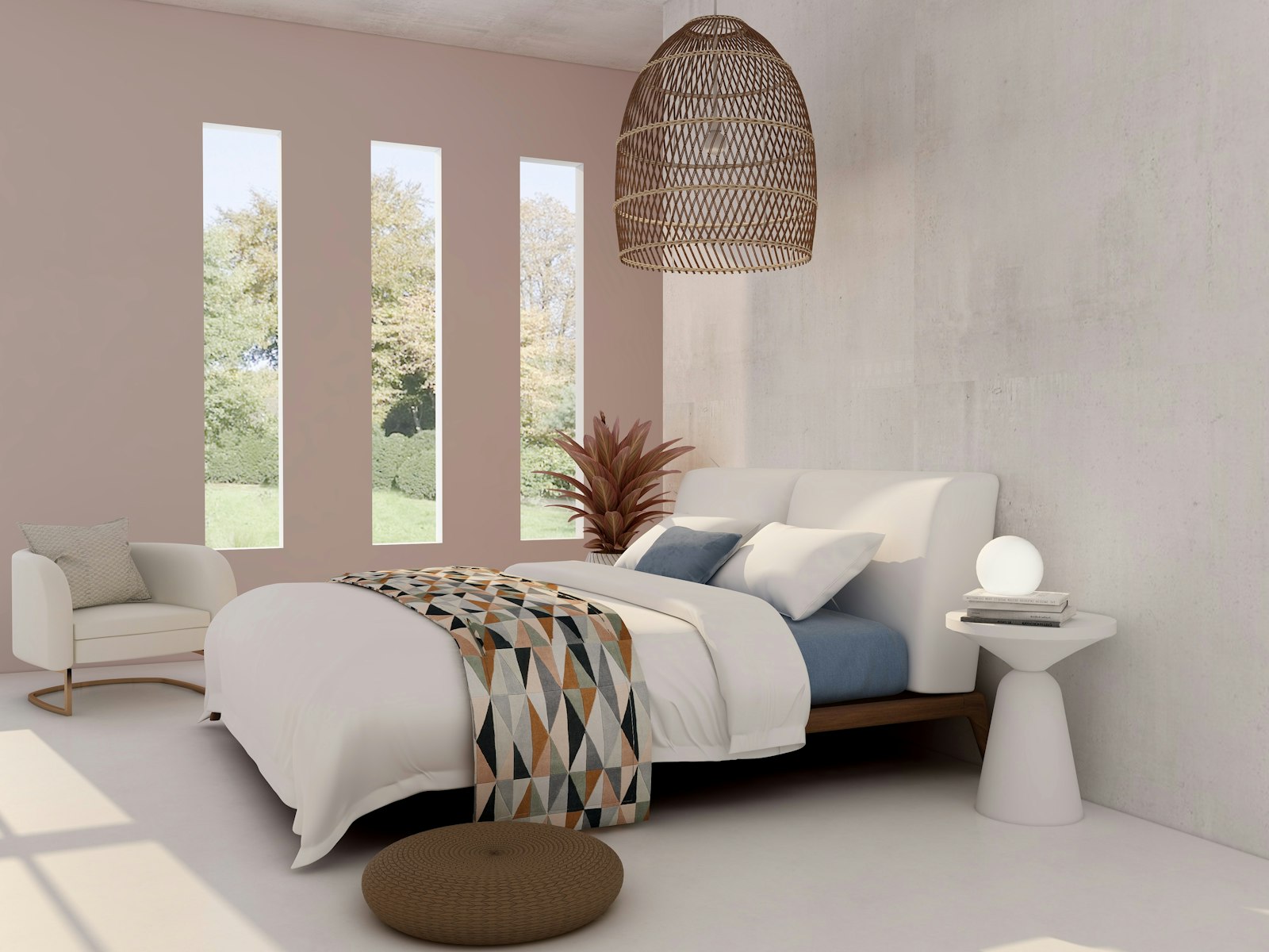 Bedroom with round mirror and oak sideboard