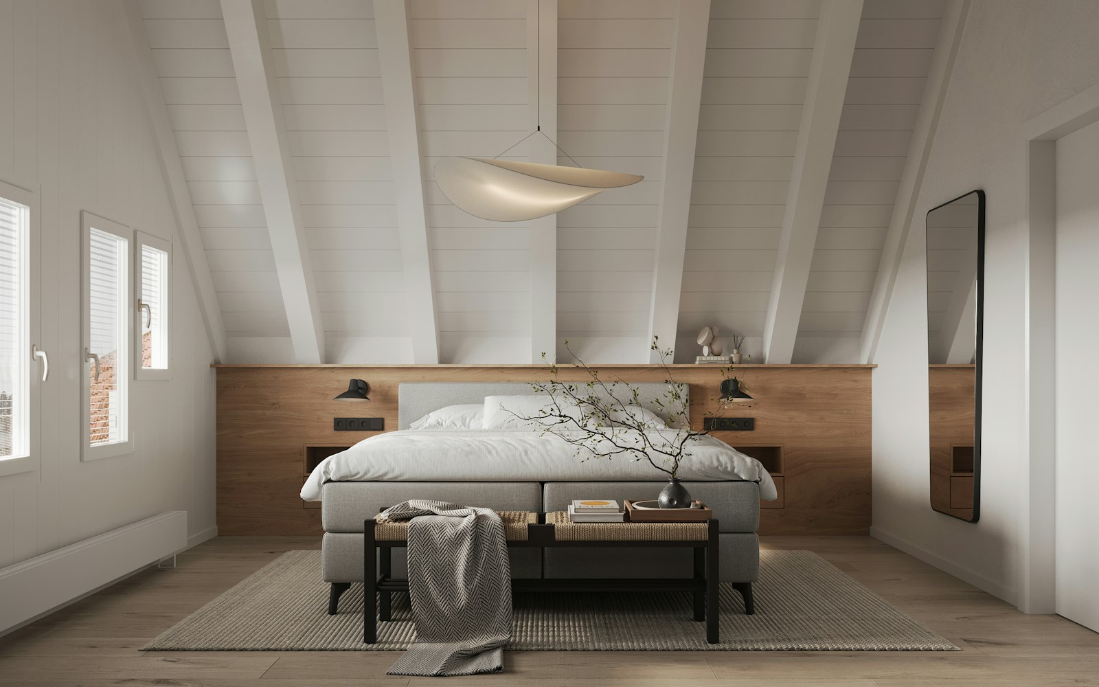 Scandinavian living room with boucle armchair