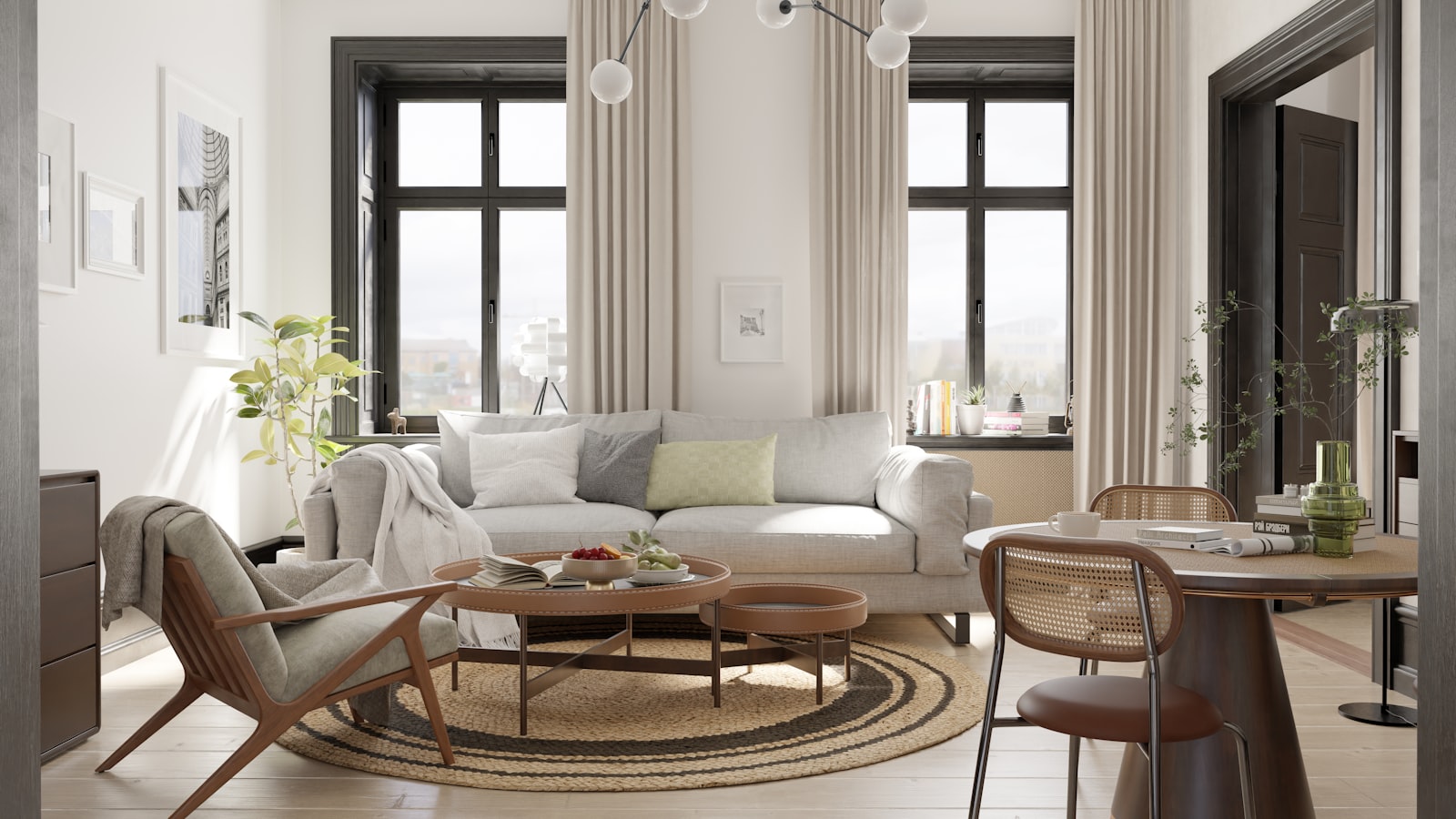 Warm scandinavian living room with cane chair